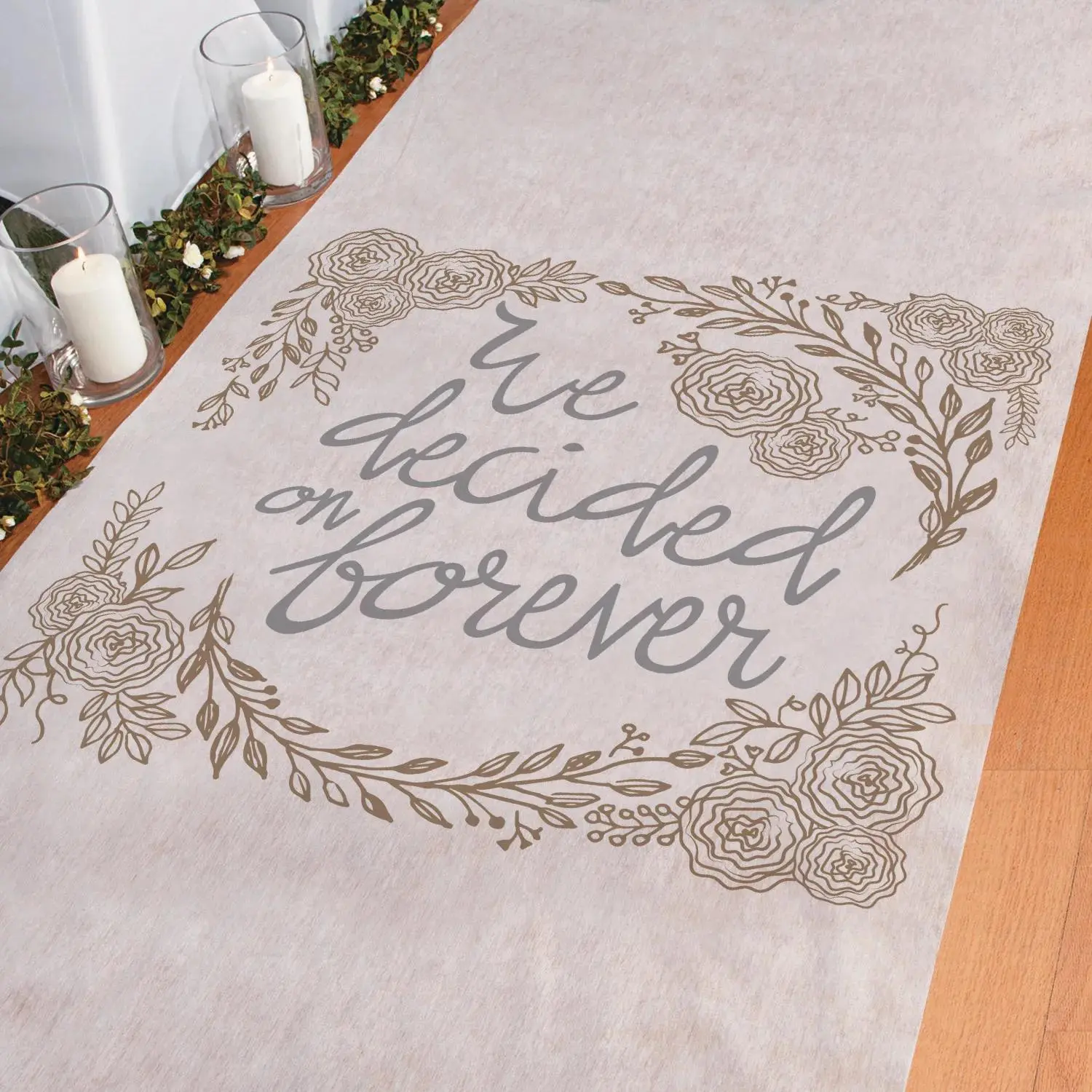 3x100ft Size Rectangle Polyester Fiber Wedding Aisle Runner, Neutral Tones, Floral Frame, "We Decided on Forever" Design, Nylon Roller for Wedding Day Festive Decorations