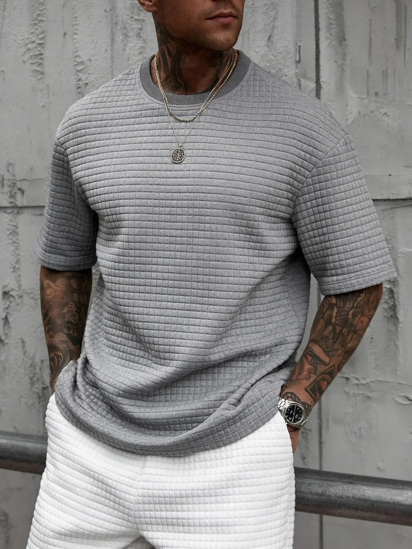 Men's Waffle Knit Short Sleeve T-Shirt, Casual Round Neck Solid Color Tee, Perfect for Summer Streetwear, Comfortable and Stylish