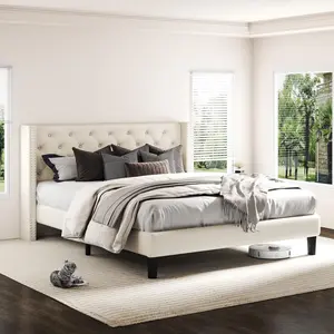 King Size Bed Frame with Upholstered Wingback Headboard,  Frames with Tufted Diamond Button Headboard, Sturdy Wooden Slats, Noise-Free, Easy Assembly