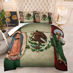 2/3 Pcs Mexican Flag Inspired Our Lady of Guadalupe & San Judas Tadeo with National Emblem Digital Print Comforter Set, Religious & Cultural Bedding Set, Quilted Design, Warm & Breathable, Without Pillow Insert, Comfy Bedding Set