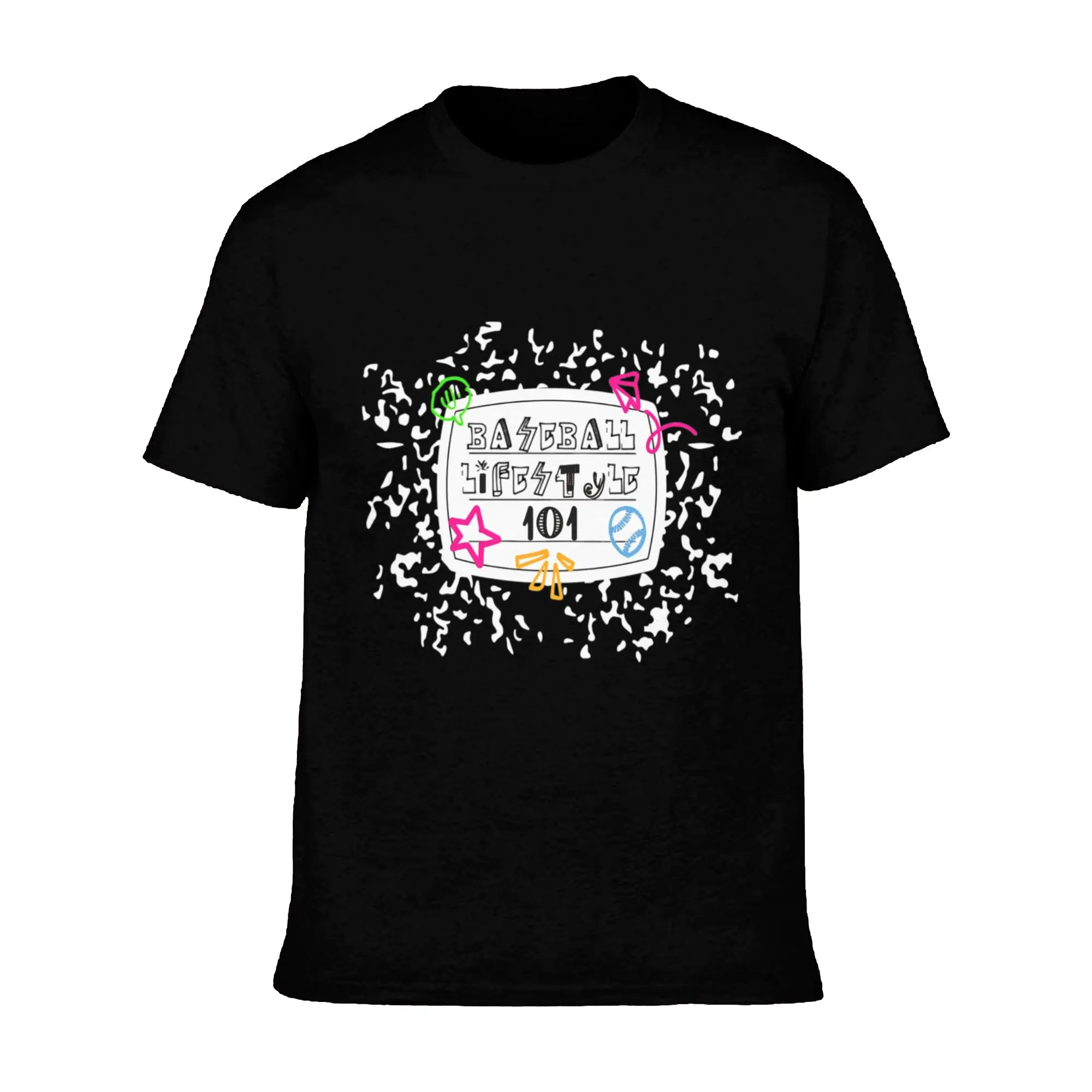 Baseball Lifestyle 101 Hand-Drawn Doodle Unisex Oversized Graphic Heavyweight Cotton Crew Neck T-Shirt, Neon Accent Speckle Border Sports Print Tee, Casual Daily Outfits For Baseball Players & Sports Fans