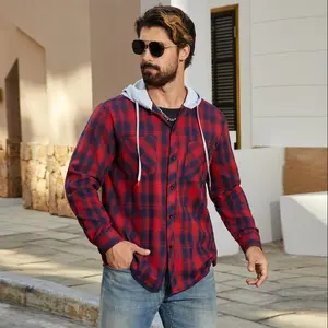Men's Premium Red and Navy Plaid Hooded Flannel Shirt - Menswear Long Sleeve Button-Down with Contrast Gray Hood, Breathable Checked Layered Top for Streetwear, Everyday Outings