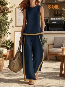 Womens Elegant Two-Piece Summer Set - Contrast Striped Sleeveless Top & Wide-Leg Pants - Effortless Vacation Chic
