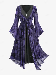 Rgothic  women's clothing  Gothic style Plus Size Flare Sleeves Vintage Floral Mesh Flocking Ruffles Ruched Cross Layered 2 in 1 A Line Dress flowy  chiffon  dress