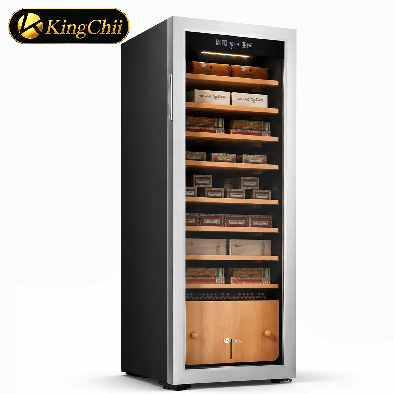 KINGCHII 130L Smart Compressor Climate Cabinet, 2-Way Auto Climate Control, Premium Aromatic Wood Shelves, 800-Count Capacity, Flagship Professional Storage