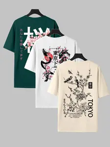 Men's Classic Versatile Japanese Floral Animal Graphic Print T-Shirt 3-Pack, Summer Round Neck Short Sleeve Casual Comfort Top for Outdoor Wear, Menswear Cultural, Casual Tee, Streetwear, Casual Summer Clothes