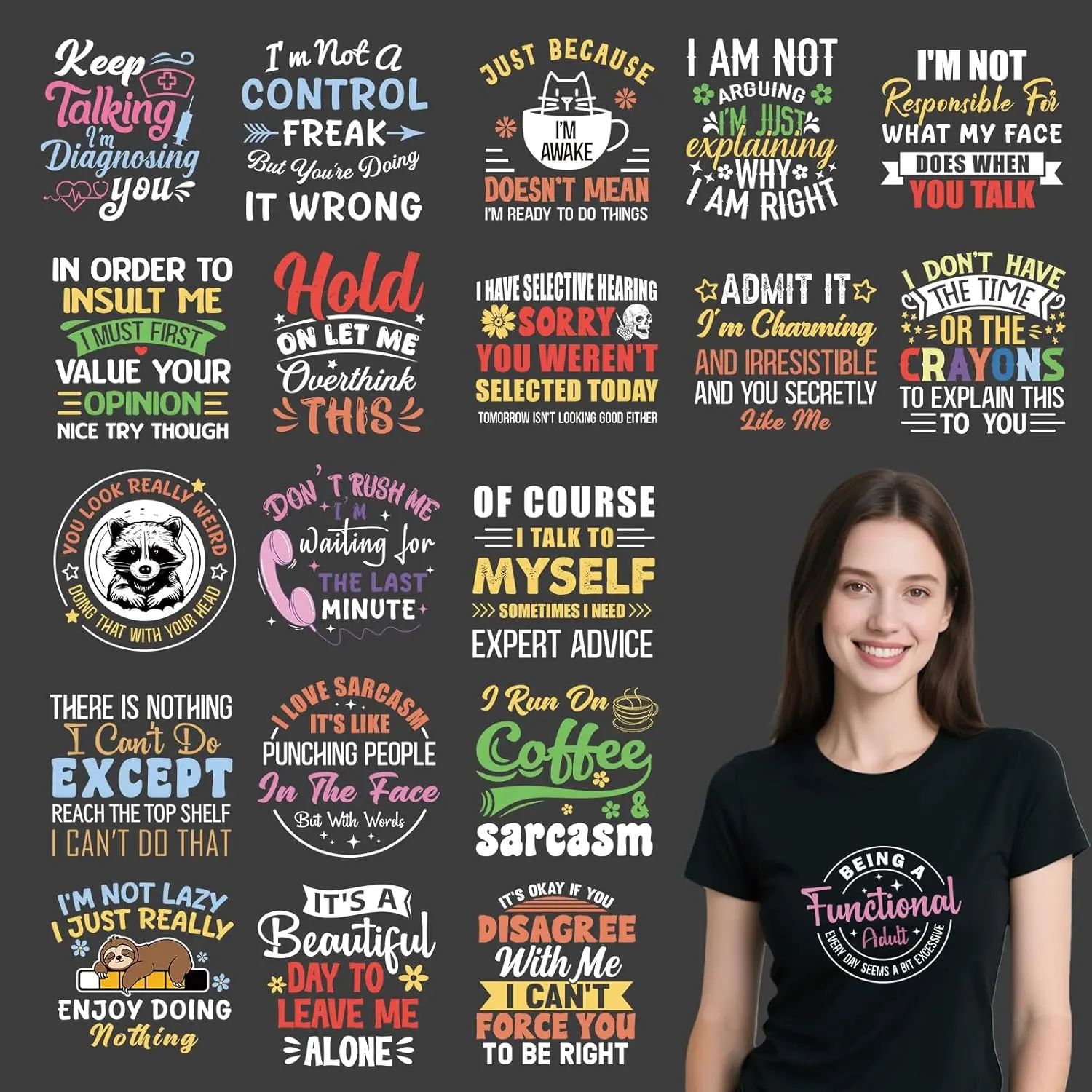 Dtf Transfers Ready to Press - 20 count Funny Sarcastic Iron on Patches for T-Shirts, Humorous Sloth  Heat Transfer Designs Vinyl Stickers, Iron on  for DIY Home Clothes Bags