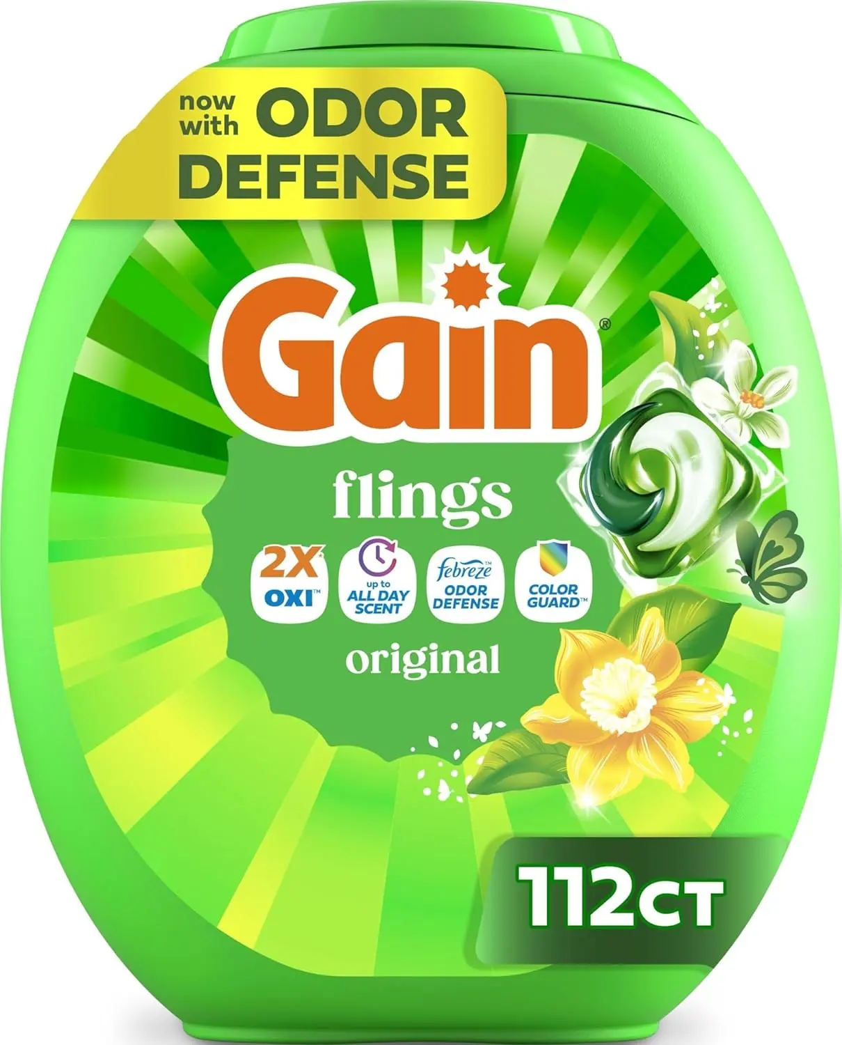 Gain Flings Liquid Washing Detergent Pods, Now with Odor Defense + Color Guard, Original Scent, 4-In-1 Liquid Laundry Detergent Pacs, Clean & Fresh, 112 Count (Packaging May Vary)