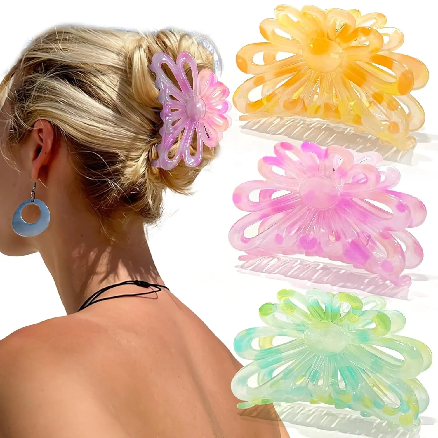 Flower Hair Claw Clips for Women/Girls, 3 count 3.1" Big Cute Clips for Thick/Thin Fine Hair, Nonslip  Hold Hair Styling Accessories (A-colorful)