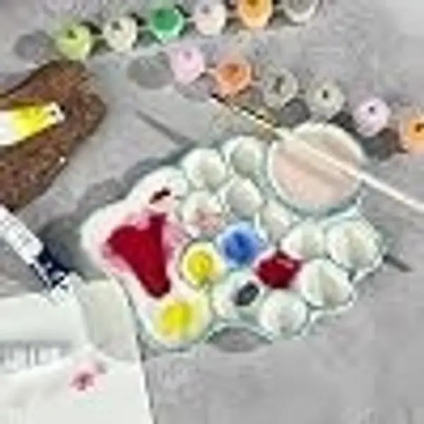 Blue Ceramic Artist Palette with Built-in Water Bowl for Watercolor, Gouache and Other Paints, Easy for Painting and Cleanup