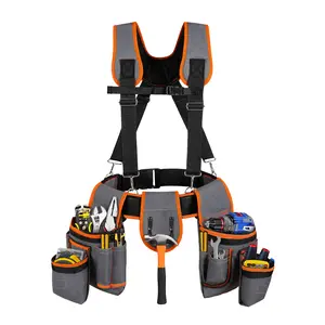Heavy Duty Tool Belt with Suspenders, 18-Pocket Adjustable Tool Organizer for Construction, Framing, Electrical Work, Padded Comfort Harness, Fits 32-66 Inch Waist, Gray Orange