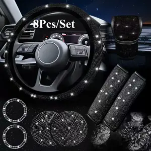 8 Pcs Bling Steering Wheel Accessories Set,Rhinestone Diamond Cover, Sparkly Seat Belt and Gear Shift Covers,Universal Fit for Most Cars,Hand Tools Kits,Springtok home tool