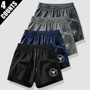 Men's four-pack letter and bull head print double-layer drawstring waist sports shorts, casual sport regular fit quick dry breathable bottoms, men's athletic apparel, workout shorts,summervibes