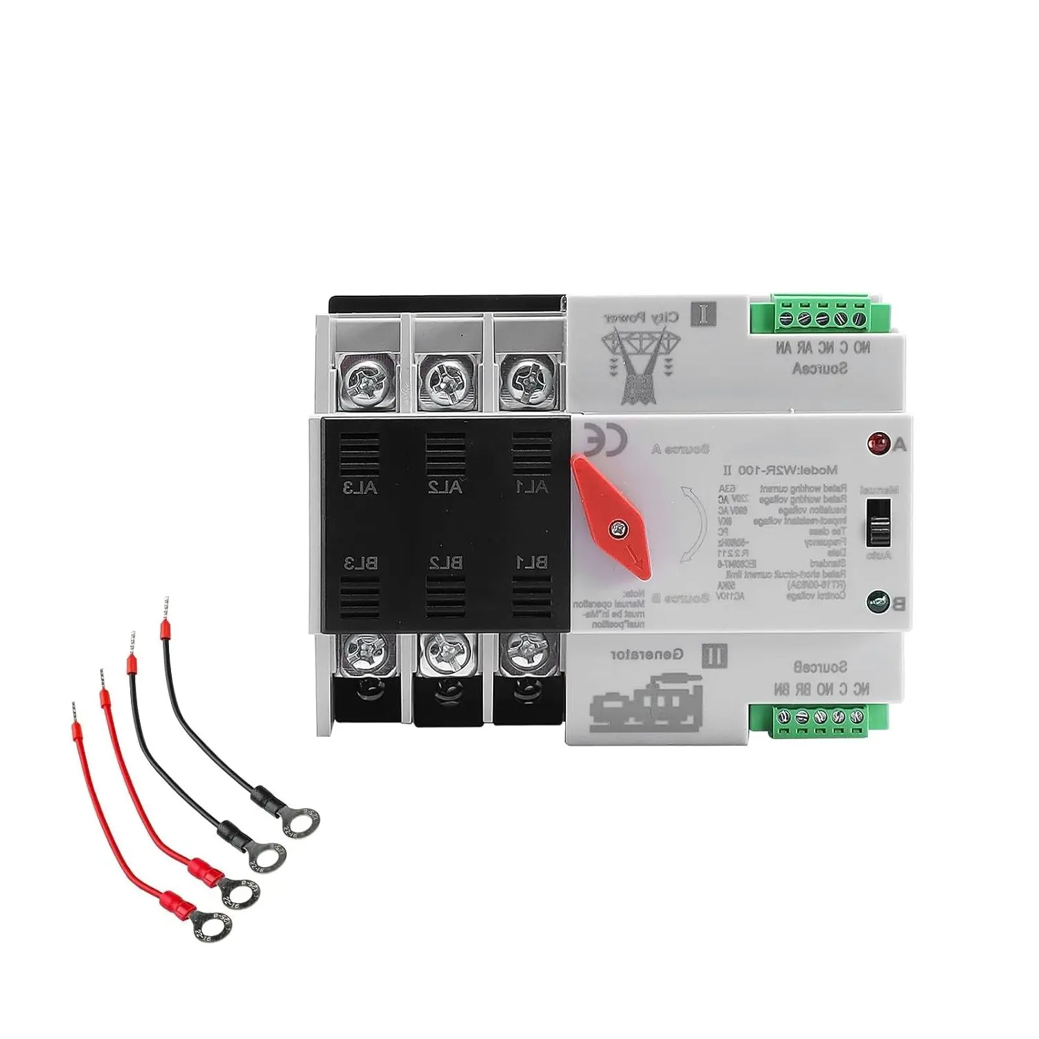 63Amp AC110V Automatic/Manual Transfer Switch 3P 50/60Hz, 3-Pole Mini ATS Solar Auto Dual Power Switch for Home Generator, Din Rail Mount Automatic Changeover Fast Transfer for RV, LV Power