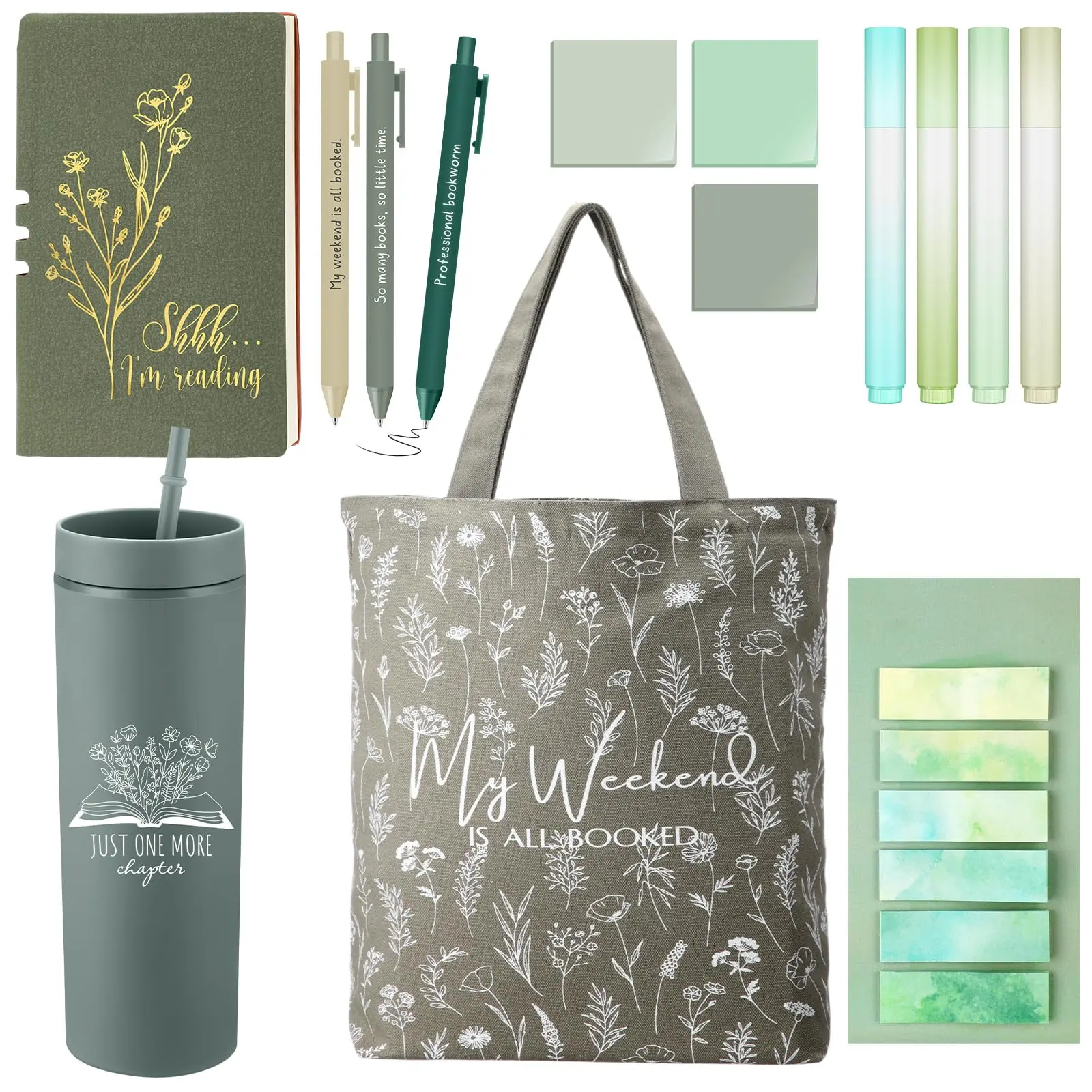 Book Lover Gift 14 Pcs Reading Gift Set with Canva Bag A6 Journal Notebook 16 oz Green Plastic Tumbler Ballpoint Pens Highlighters Sticky Notes,School Study Supplies for Women Teacher Librarian Bookworm Readers Student, Back to School Gift