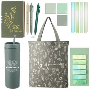 Christmas Gift Book Lovers Gift Set with 14 Pcs School Supplies Pretty Canva Bag A6 Journal Notebook 16 oz Green Plastic Tumbler Ballpoint Pens Highlighters Sticky Notes,Study Gift for Women Teacher Librarian Bookworm Readers Student Nurse
