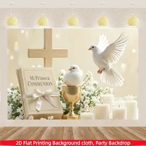 2D flat 1PC Mi Primera Comunion theme background cloth, mainly with crosses, white doves, daisies and other elements. Suitable for baptisms, communion parties, church ceremonies, birthday parties, home decorations, multiple sizes available, polyester mate