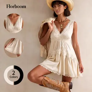 Florboom Womens Boho Lace Mini Slip Dress, V Neck Sleeveless, Tiered with Lace Trim, Flowy Babydoll A-Line Short Dress for Layering Western Vacation Beach Country Concert Date Night, Summervibes Vneck
