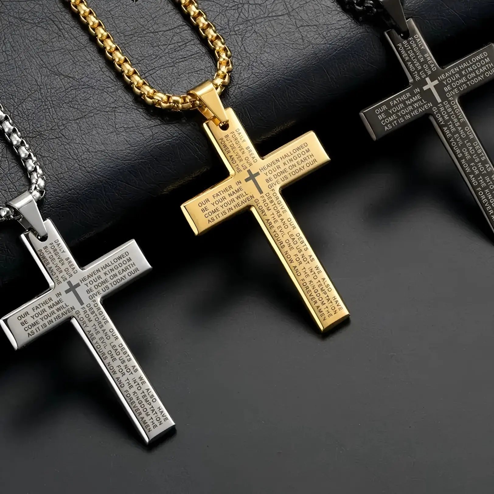 Stainless Steel Engraved Cross Necklace 24" Chain Men | Lord's Prayer Religious Necklace | Autumn Men's Jewelry Hip Hop Jewelry Men Rapper Chain Perfect Gift Daily Wear