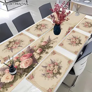 2D flat printing, 1 piece/2 pieces/4 pieces/6 pieces/8 pieces set, rose bouquet table flag and placemat set, Table mats, suitable for holiday parties, weddings, birthdays, daily dining, convenient for table decoration care
