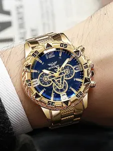 1 piece of fashionable, versatile, personalized business large dial gold watch, blue light men's watch, men's watch, steel strap quartz watch