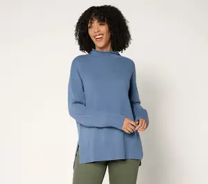 LOGO by Lori Goldstein Cotton Funnel Neck Hi-Low Hem Sweater