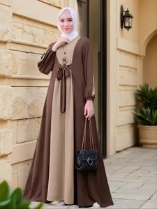 Fashion Colorblock Women's Arabic Traditional Elegant Dress, Long Sleeve Loose-Fitting Belted Design, All Seasons Modest Style, Muslim Women Gowns, Arabian Dress