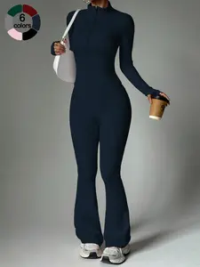 Women's 2-Piece Solid Color Set Long Sleeve Stand Collar Jacket with Thumb Holes, Breathable Yoga for Gym Outdoor Running, Sweatsuit Set