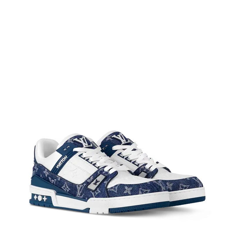 ‮ nottiuV siuoL ‬  X   Classic Ｔｒａｉｎｅｒ Ｓｎｅａｋｅｒ Retro Skate Shoes, Premium Denim Blue White Low-Top Leather Sneakers for Men