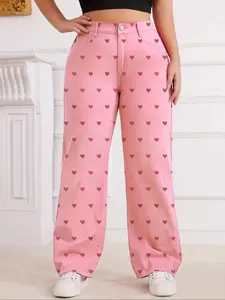 Plus Size Women's Elastic Washed Cute Heart Print Casual Fashion Loose Fit Wide Leg Jeans Pants, All Seasons, Natural Waist, Fall Winter