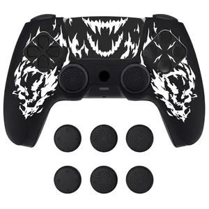 PlayVital Design for PS5 Controller Skin Cover Fit with Charging Station - Anti-Slip Silicone Controller Grip Case for PS5 with 6 Thumb Grip & Sticker, Pure Series Dockable Model - Carving Fire Skull