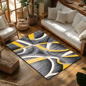 Modern Abstract Yellow & Gray Geometric Flannel Area Rug, Abstract Area Rugs - Bold Curved Line Print Soft Mat for Home, Non-Slip Contemporary Home Decor