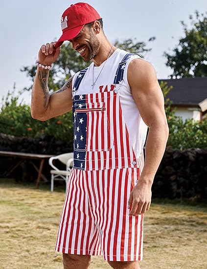 WIRDATRD Unisex 4th of July Overalls Shorts American Flag Romper USA Festival Jumpsuits Independence Day Work Bibs Coveralls Patriotic Gifts for Men and Women 250th Anniversary Outfit Fashion Menswear