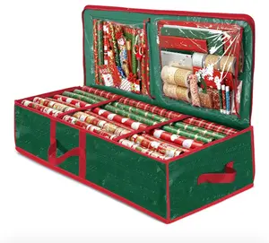 Gift Wrapping Paper Organizer Storage - 40" Gift Wrap Storage Containers with Interior Pockets for Bows, Tags & Ribbons - Wrapping Paper Holder, Waterproof, Fits 24 Standard Rolls, Green
