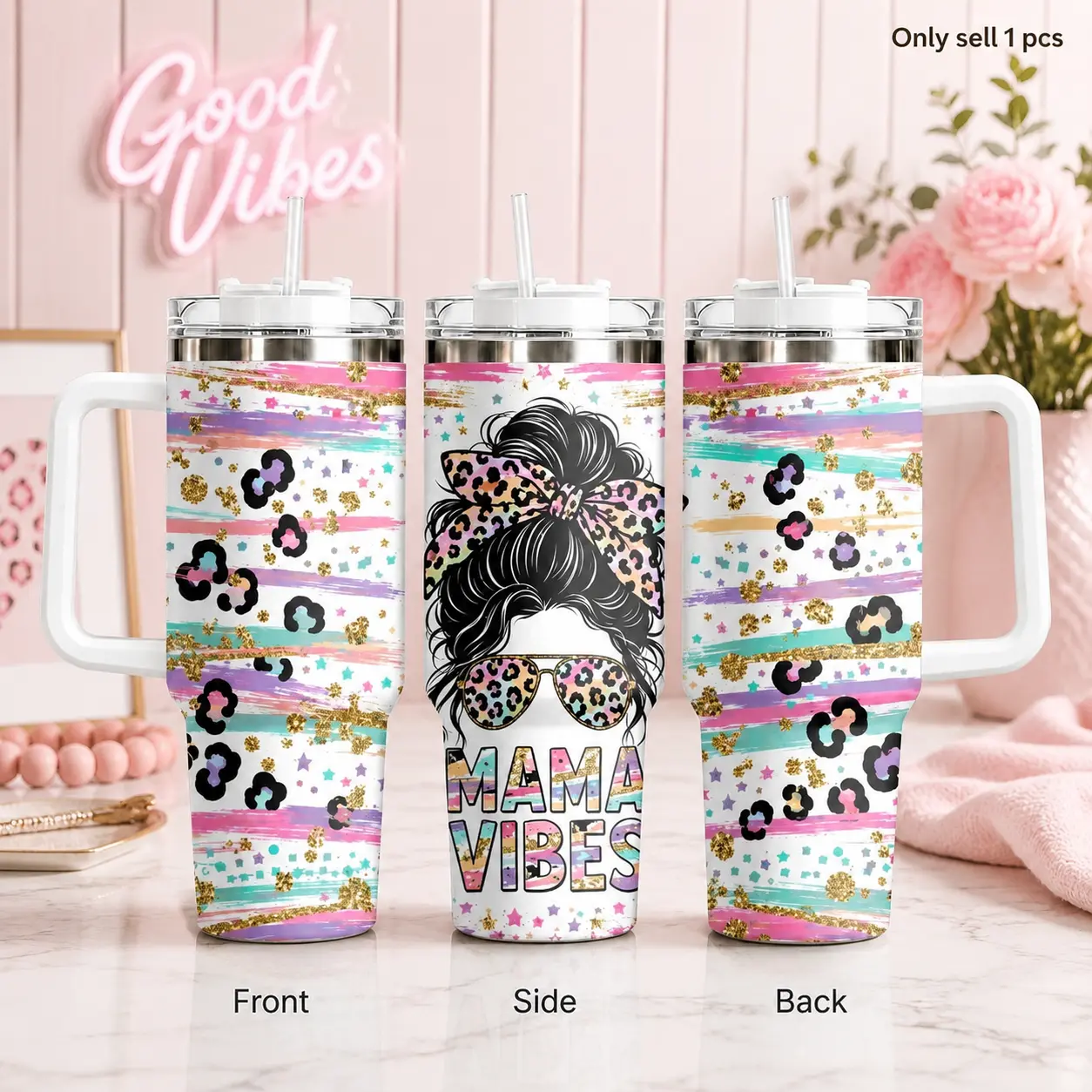 GuLuBoo Colorful Mom Life Vacuum Flasks 40oz Stainless Steel Insulated Tumbler, Leak proof Travel Mug with Straw & Handle, Portable Water Bottle Keeps Ice All Day for Coffee, Gym & Office, Fashion Drinkware Cups Ideal Gifts