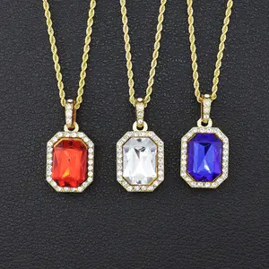 European and American Hip-hop Square Ruby Diamond-studded Alloy Pendant Necklace - Men's Streetwear Trend Accessory