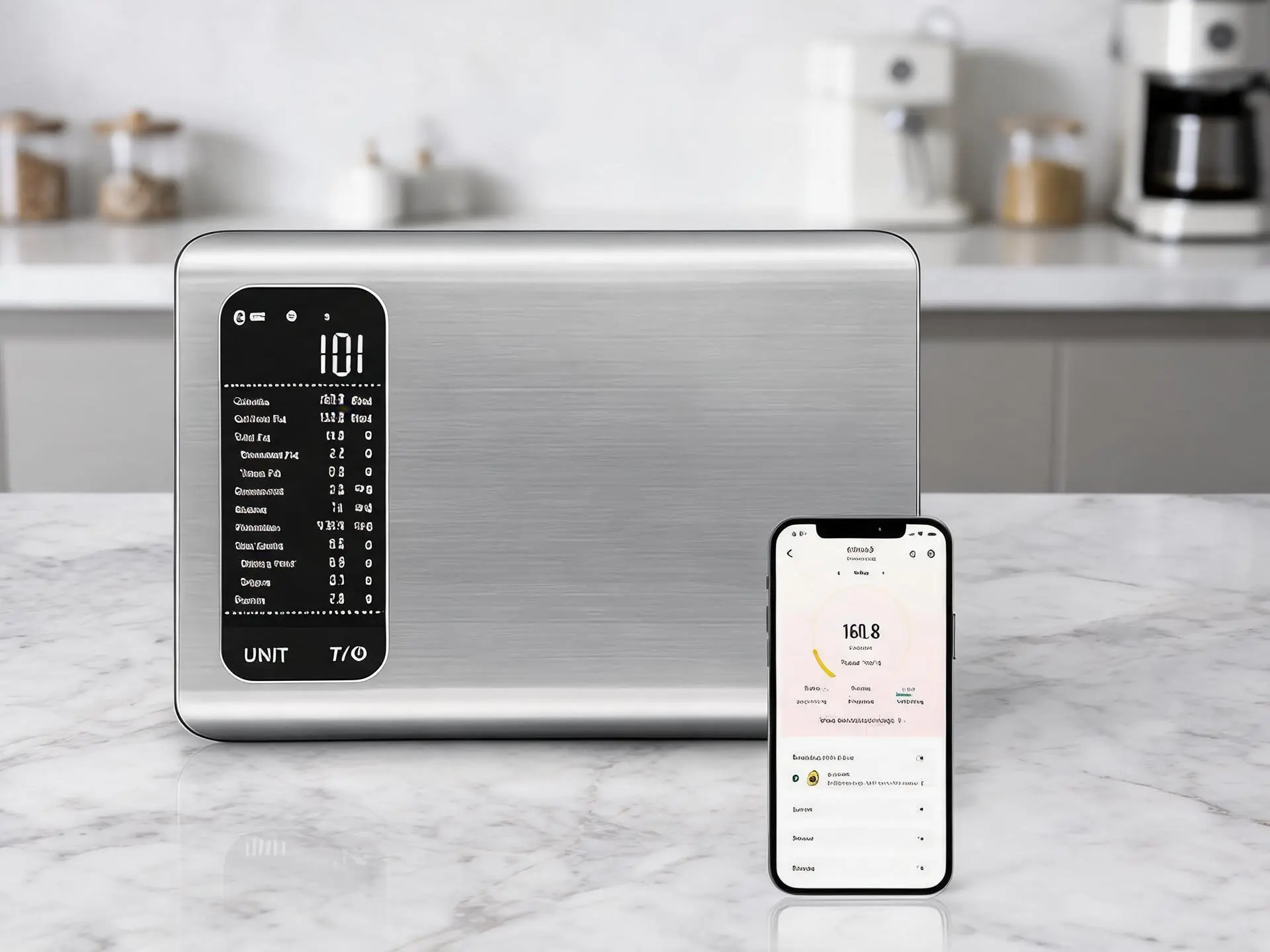 Smart Digital Kitchen Food Scale with Built-In Nutrition Analyzer, Complimentary App Monitors 19 Key Nutrients, Tracks Calories & Macros, Displays Grams/Ounces, Sleek Stainless Steel Surface, Max 11lb Weight Capacity