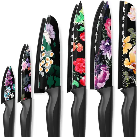 Astercook Knife Set - Colorful 6 Rust Resistant Coated Stainless Steel Kitchen Knives with 6 Edge Guards, Ergonomic Chef's Knife Modern Cutting Block