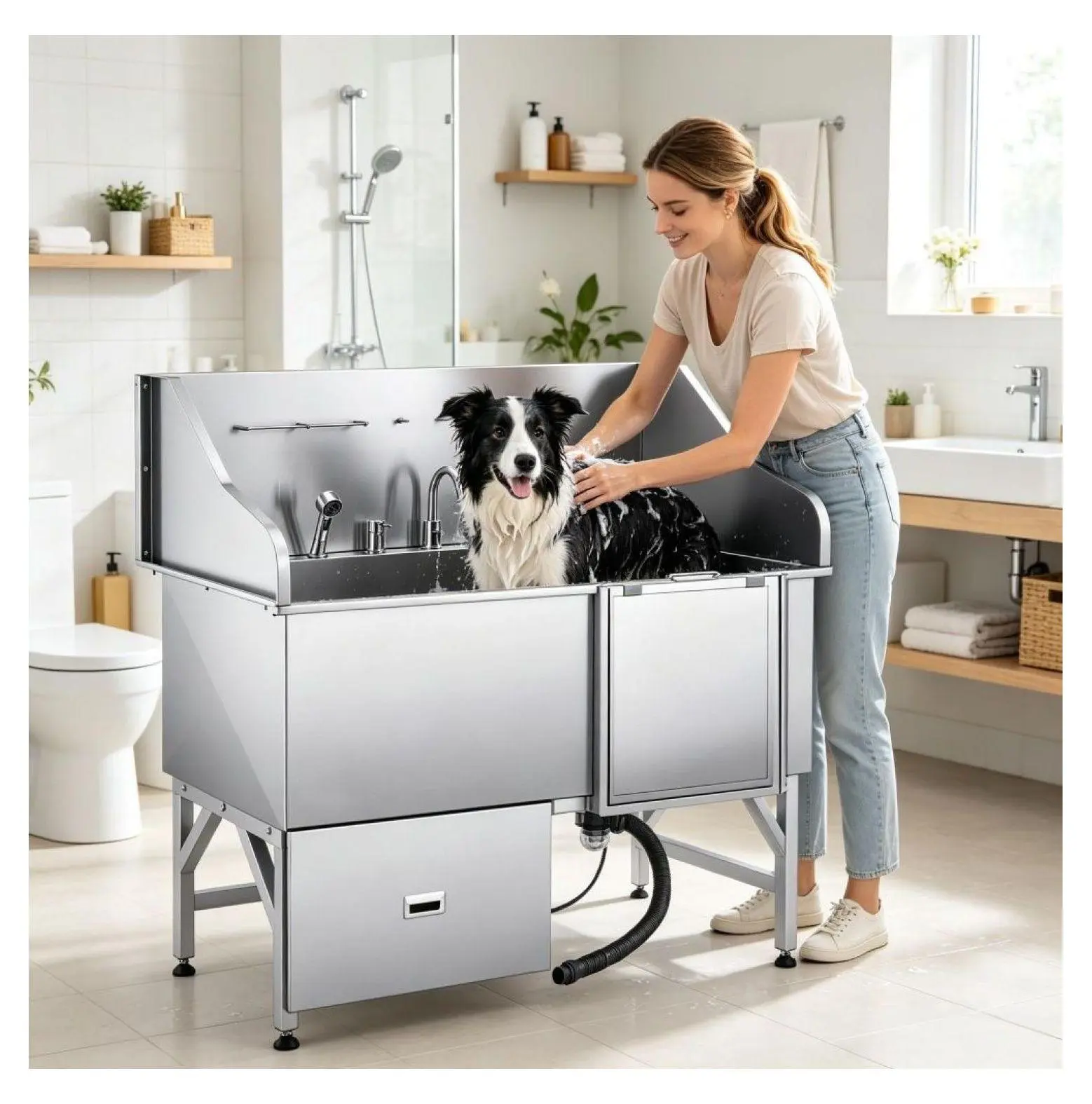 Stainless Steel Dog Washing Station Complete Kit - Pet Grooming Tub with Ramp, Storage, Hot/Cold Water, Adjustable Showerhead, Water Filter, 440lbs Capacity