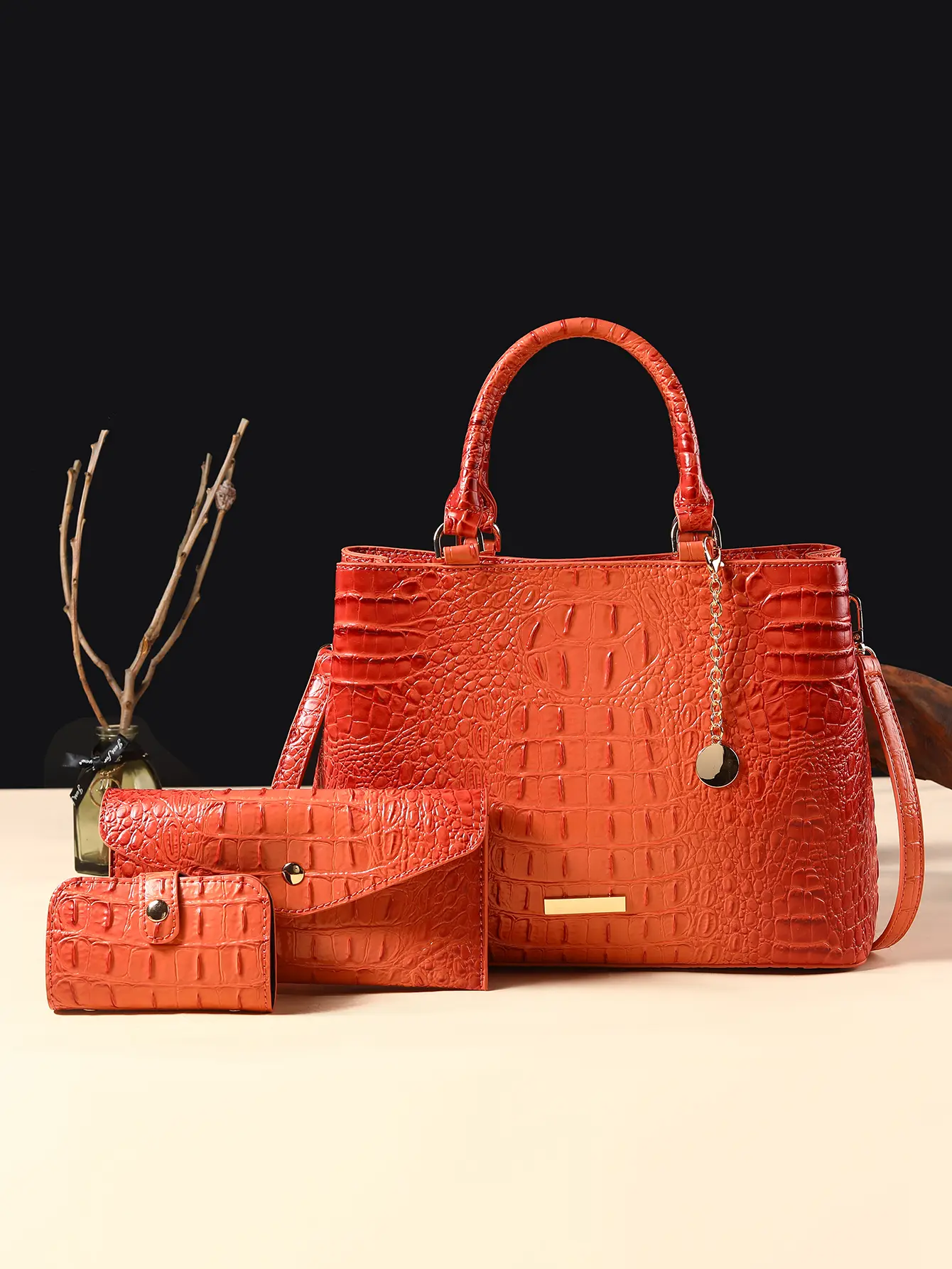 Women's 3-Piece Vintage PU Leather Crocodile Print Handbag Set - Zipper Top Handle Satchel, Clutch, Coin Purse for Casual Daily Use