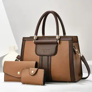 Stylish Top-Handle Bag Medium Capacity Handbag Set for Women with Contrast Trim with Matching Wallet & Card Holder