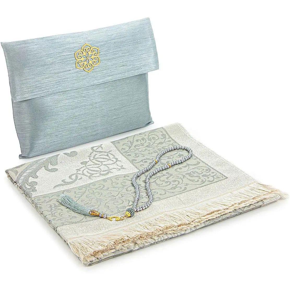 Muslim Prayer Rug and Beads with Elegant Slub Fabric Bag | Janamaz | Sajadah | Soft Islamic Prayer Rug | Islamic Gifts | Prayer Carpet Mat, Taffeta Fabric, Grey