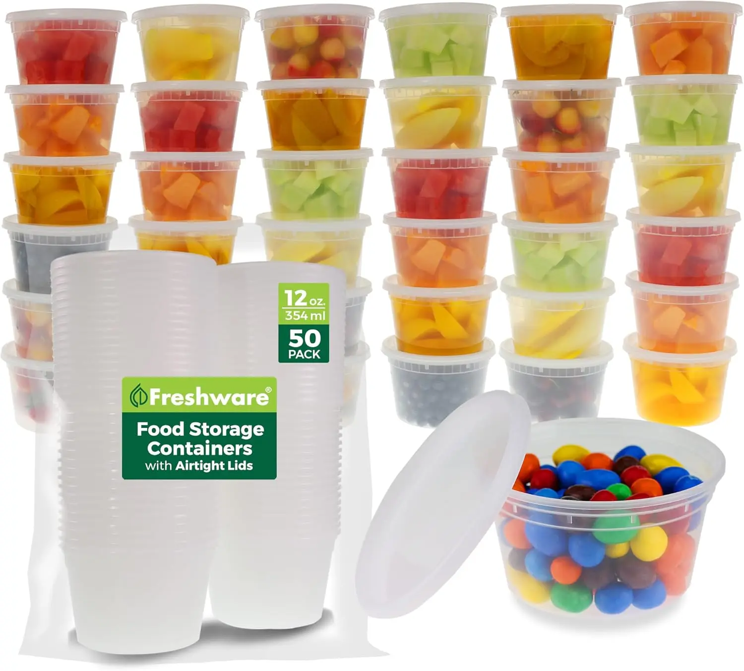 FRESHWARE 50-Set 12oz Cylindrical Airtight Plastic Deli Containers with Lids - BPA-Free, Leakproof, Stackable, Reusable Lunch Containers for Meal Preps, Fridge Organization, Salad Jars - Microwave/Freezer/Dishwasher-Safe Recyclable Polypropylene