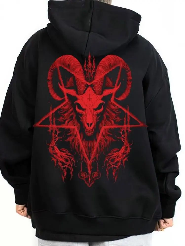 Dark Gothic Graphic Hoodie - Digital Printed Baphomet Demon Design, Halloween Themed Casual Streetwear Fashion, Sweatshirt Outdoor Outfit Clothings Demons