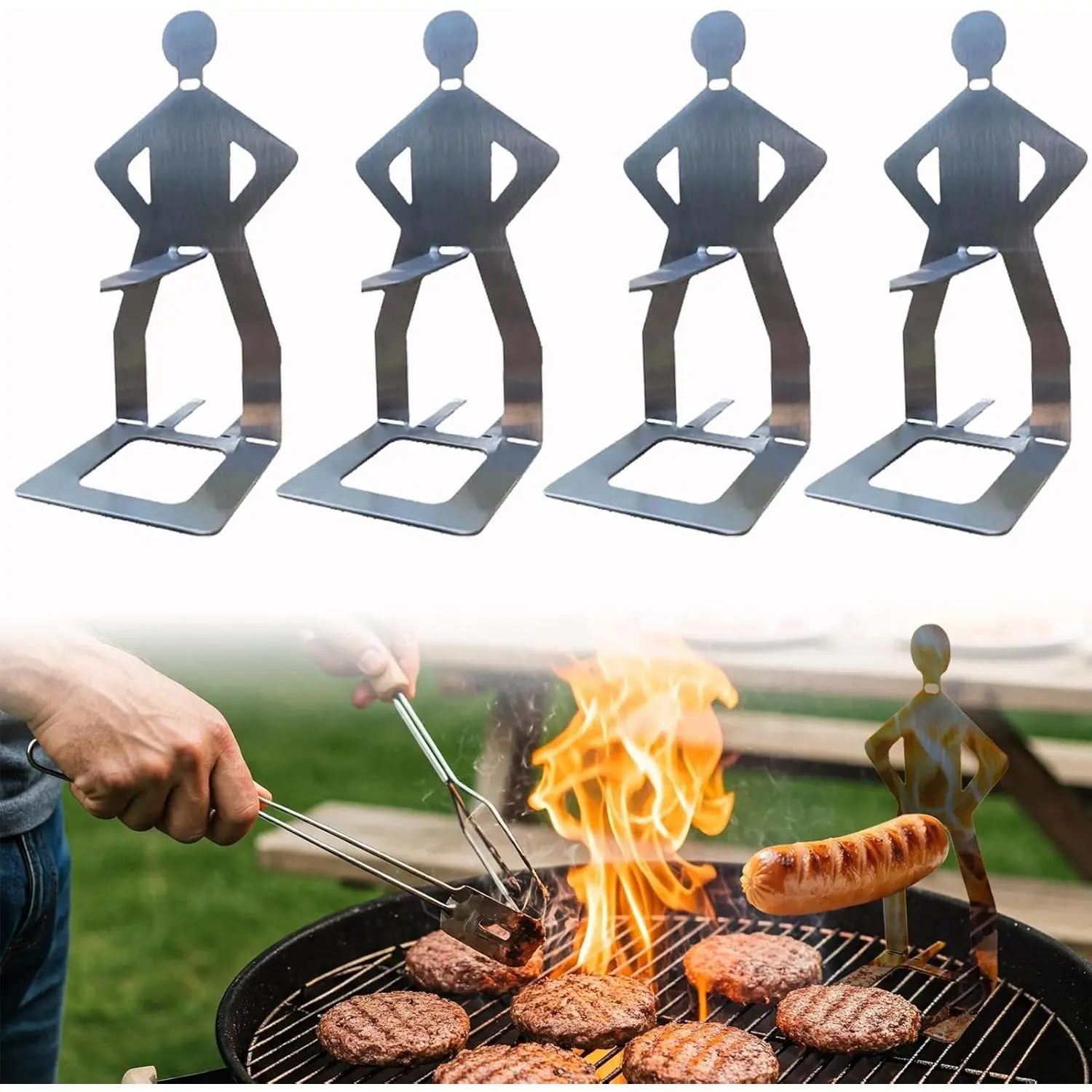 Funny BBQ Man Hot Dog Holders, 4 PCS Reusable Stainless Steel Sausage Stands, Portable Hot Dog Roasters, Barbecue Grill Accessories for Camping & Party Gifts