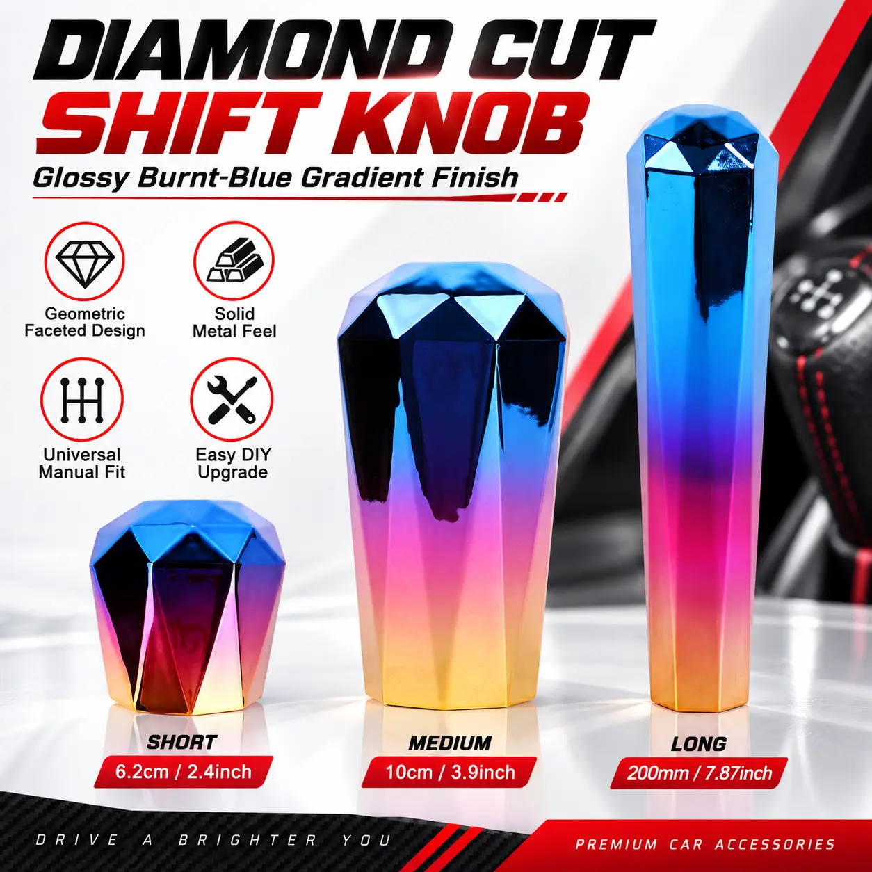 Universal Diamond Aluminum Gear Shift Knob, Manual Transmission Shifter Head, Car Interior Replacement With Multi Size Adapters