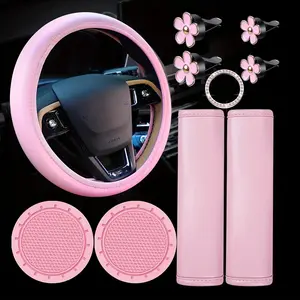 10 Piece Leather Steering Wheel Cover for Women, Cute Car Accessories Set with Seat Belt Cover, Car Coasters, Shiny Start Button Ring, Vent Clip