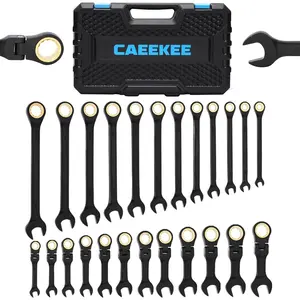 24PCS 72T Ratcheting Combination Wrench Set - 12PCS Stubby Flex-Head Metric (8mm-19mm) & 12PCS Fixed-Head SAE (1/4"-7/8"), 12 Point, CR-V, Organizer Box