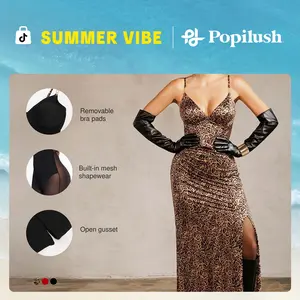 ​​Popilush Satin  Maxi Dress - Deep V-Neck Slit Evening Gown with Built-In Shapewear​ Formal Elegant Bra Womenswear