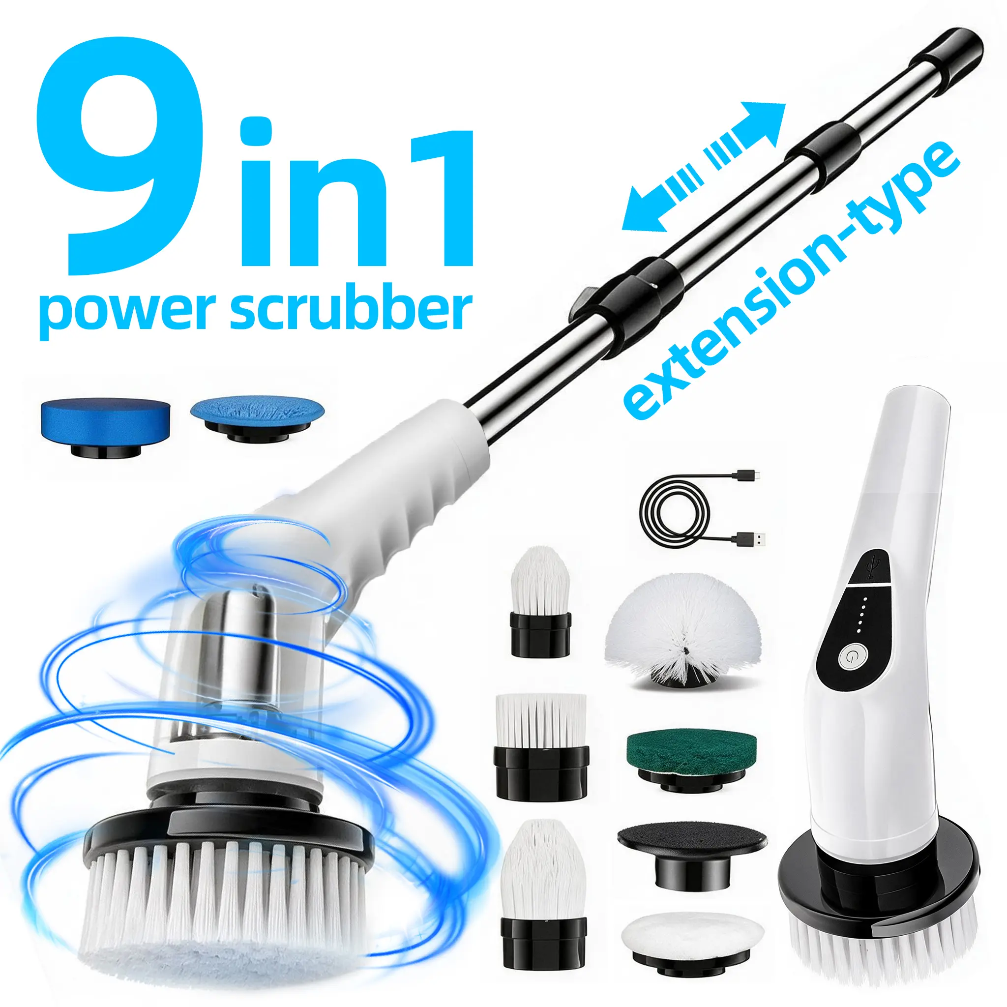 Cordless Rechargeable Electric Spin Scrubber - 5-Speed Adjustable Power Cleaning Tool with 8 Replaceable Brush Heads, USB Charging, Back Pain Relief for Bathroom, Kitchen Surfaces，electric cleaning brush